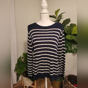 Lauren Ralph Lauren Striped Boat Neck Cable Knit Sweater Navy/Off White ( XL)